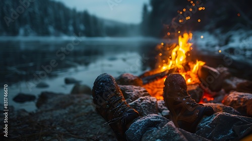 Man enjoying a warm campfire, concept of outdoor relaxation