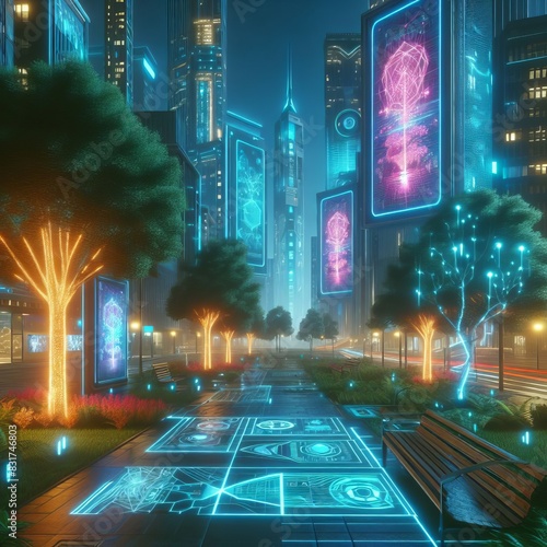 14 138. A futuristic cyberpunk city scene in a tranquil park, wi