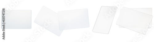 Set of translucent plastic business cards mockup in different views isolated on transparent background