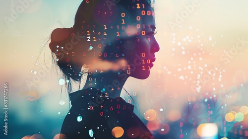 Double exposure of a woman's silhouette with binary numbers, representing technology, artificial intelligence, and scientific innovation. photo