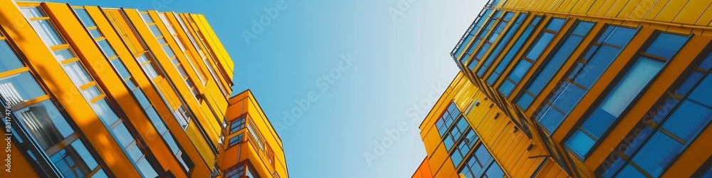 Elegant yellow apartment tower on the left, plain background for text on the right, urban environment Elegant yellow apartment tower on the left, plain background for text on the right, urban environment