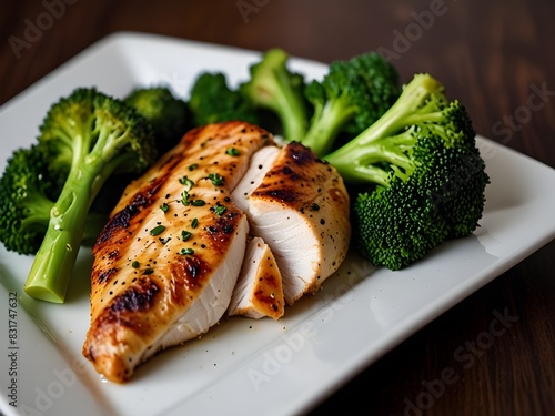 Grilled chicken breast with a side of steamed broccoli, healthy and delicious, genrative AI