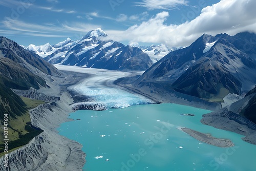 A majestic glacier calving into a turquoise lake surrounded by mountains. photo
