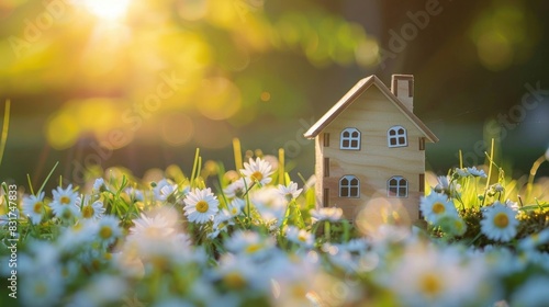 wooden house model on a spring flower meadow with white flowers, sunshine and green grass in the background banner real estate concept.