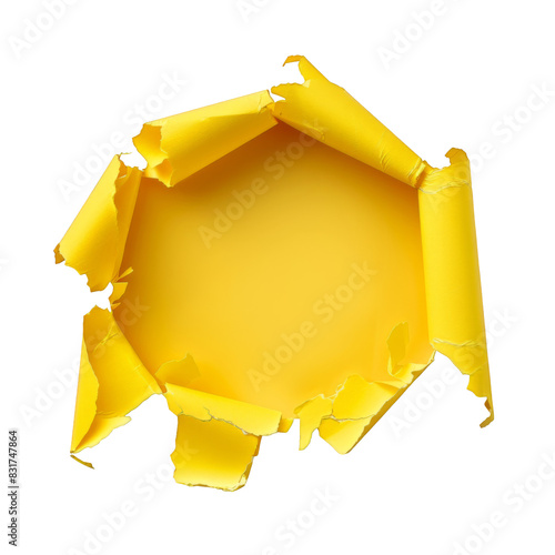 Hole in the yellow paper isolated on white background