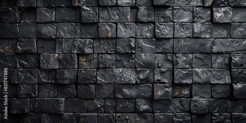 Close-up of black textured stone brick wall with rough surface and intricate details, abstract, background, pattern, architecture photo