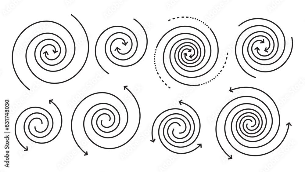 Set of discrete and concentrated arrows rotating in a vortex-like pattern, Variable line width Set of discrete and concentrated arrows rotating in a vortex-like pattern, Variable line width