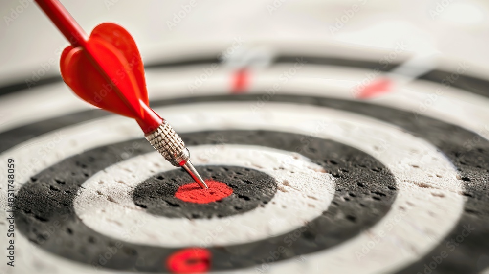 Red dart hitting the bullseye on a black and yellow dartboard, concept of accuracy, precision, and success