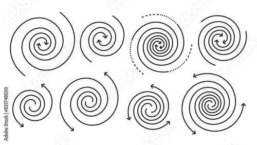 Set of discrete and concentrated arrows rotating in a vortex-like pattern, Variable line width