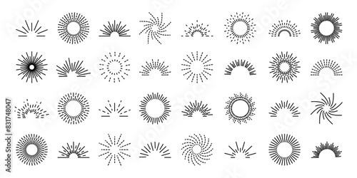 Set vintage sunburst. Bursting rays sunrise firework. Vector illustration