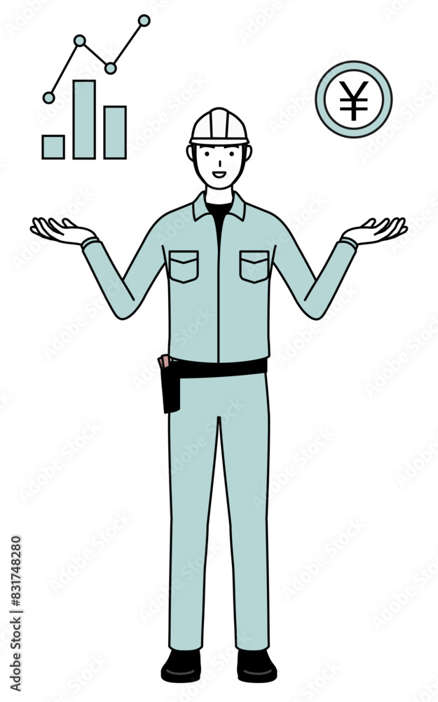 Man in helmet and workwear guiding an image of DX, performance and sales improvement. Man in helmet and workwear guiding an image of DX, performance and sales improvement.