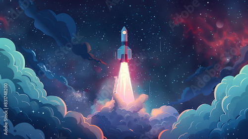 Concept of business product on a market. Spaceship takes off in the starry sky. Rocket space ship.Elements of this image furnished,Space Shuttle Launch.Deep space. Beauty of endless universe
 photo
