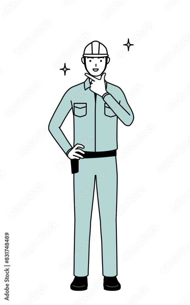 Man in helmet and workwear in a confident pose. Man in helmet and workwear in a confident pose.
