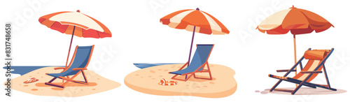 Vacation and travel concept. Beach umbrella and beach chair on sea coast