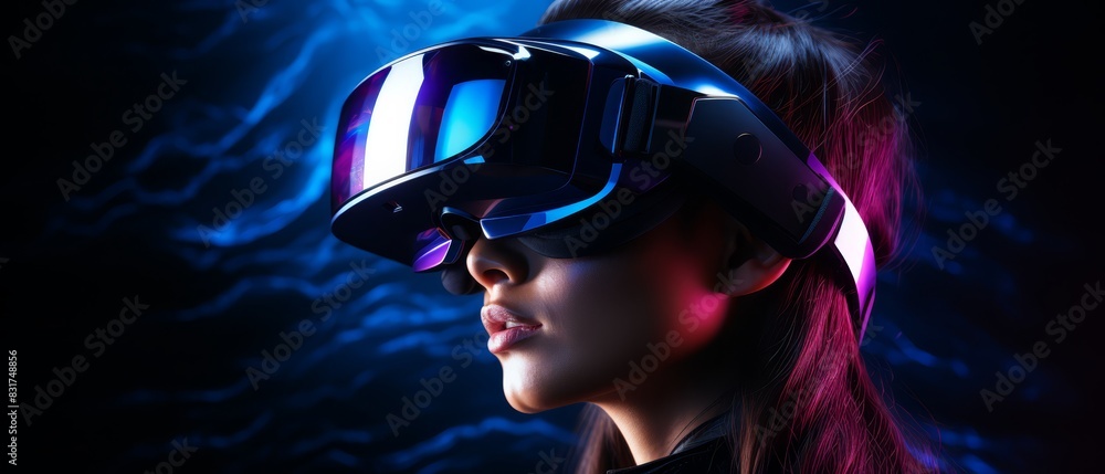 Virtual reality experiences with VR headsets, dark tech background, futuristic vibe, copy space, Virtual reality experiences with VR headsets, dark tech background, futuristic vibe, copy space,
