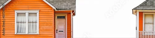 Fototapeta na wymiar Quaint orange bungalow on the left, plain white background on the right for text, suburban setting
