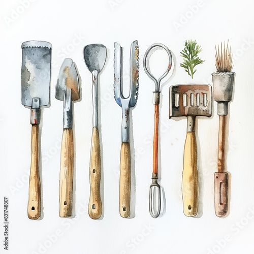 Illustration of various gardening tools with wooden handles arranged in a row against a white background. Perfect for gardening content. photo