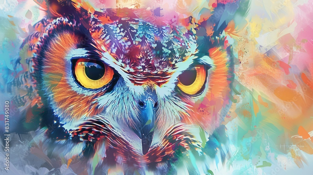 Naklejka premium Abstract animal Owl portrait with colorful double exposure paint