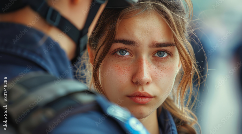 Young woman with police. Generative AI. Young woman with police. Generative AI.