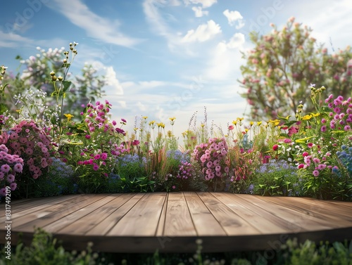 Blank product display podium with garden flowers field meadow on background. Beauty skincare cosmetics presentation. Organic natural concept