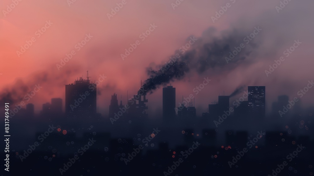 Silhouette of a city skyline at dusk with smoke rising from buildings, creating an eerie and dramatic atmosphere.