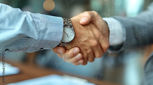 Close-up of a business handshake, detailed textures of hands, elegant wristwatches, signed contract partially visible in the foreground, blurred office background, professional.