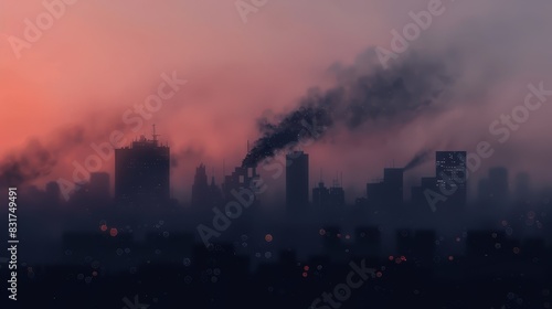 Silhouette of a city skyline at dusk with smoke rising from buildings  creating an eerie and dramatic atmosphere.