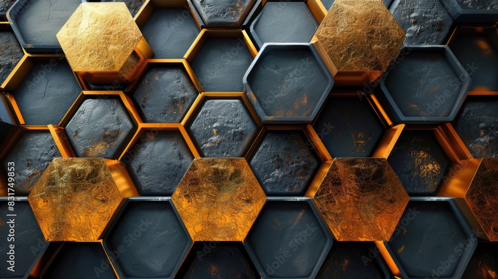 Abstract futuristic luxurious digital geometric technology hexagon background banner illustration 3d - Glowing gold, brown, gray and black hexagonal 3d shape texture wall Abstract futuristic luxurious digital geometric technology hexagon background banner illustration 3d - Glowing gold, brown, gray and black hexagonal 3d shape texture wall