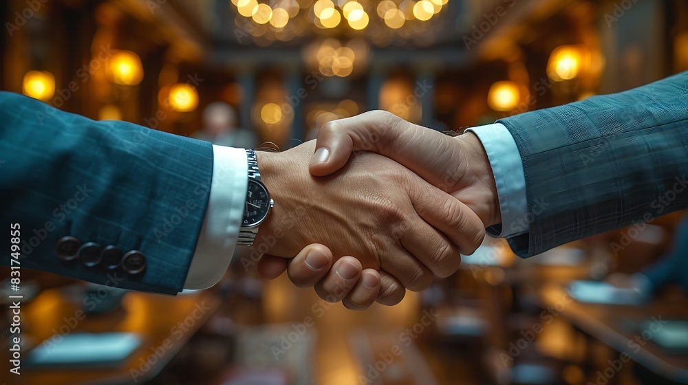 © LuvTK - Close-up of a business handshake, reflection on a high-gloss table, focusing on skin textures, polished cufflinks, blurred office environment, professional and elegant, high-definition image.