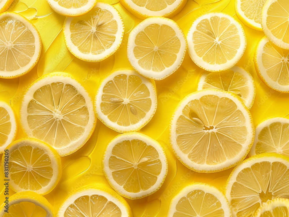 a lot of lemon slices over yellow background, harsh lighting - ai a lot of lemon slices over yellow background, harsh lighting - ai