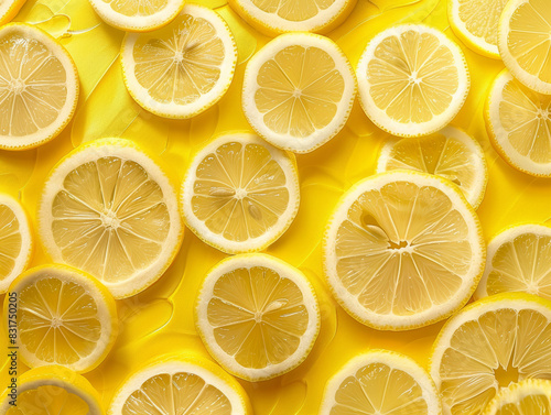 a lot of lemon slices over yellow background, harsh lighting - ai