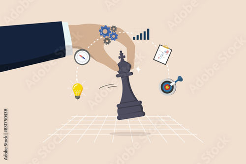 Strategic planning, tactic to win business competition, decision concept, challenge to achieve target, businessman hand on strategic chess king.