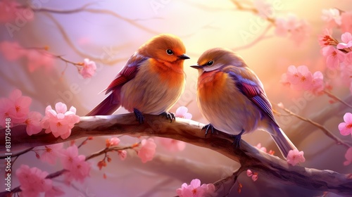 Charming illustration of lovebirds perched on a branch with heartshaped background.