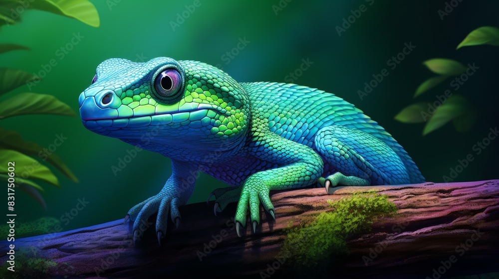 Fototapeta premium Colorful artwork of a green tree python coiled around a branch, with shimmering scales in a clean, bright setting.