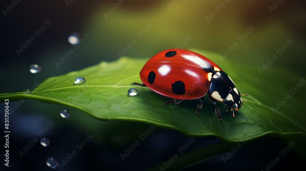 Fototapeta premium Eyecatching portrayal of a ladybug on a dewy leaf, highlighting its vibrant red color against a clean background.