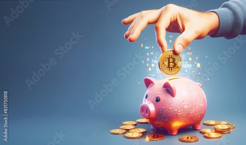 Man hand putting bitcoin to piggy bank crypto currency technology savings copy space