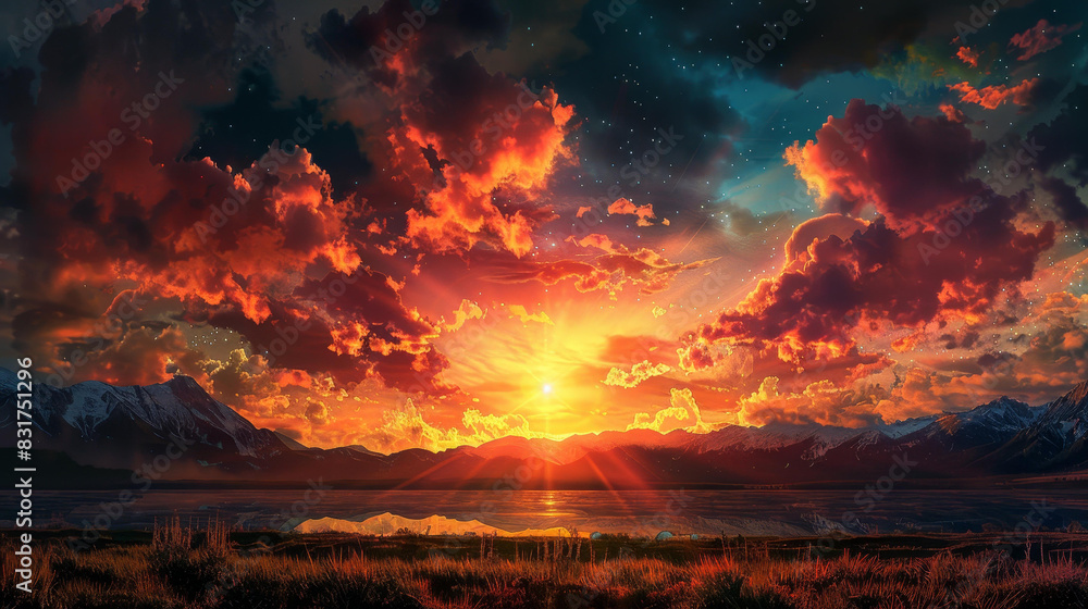 Obraz premium Breathtaking sunset floods the sky with vivid, dramatic hues.
