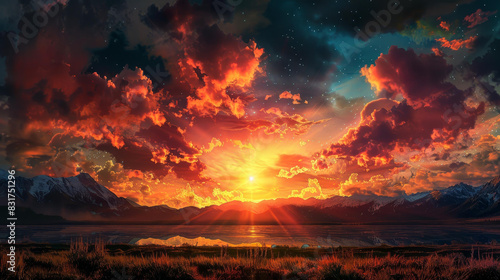 Breathtaking sunset floods the sky with vivid, dramatic hues.