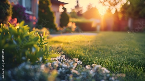 Beautiful manicured lawn and flowerbed with deciduous shrubs on private plot and track to house against backlit bright warm sunset evening light on background. Soft focusing in foreground.  photo
