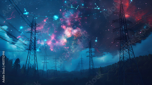  Power Transmission Lines with 3D Digital Visualization of Electricity. Fantastic Visuals of Night Sky Full of Bright Stars. Concept of Renewable Green Energy Powering Human Progress ai generative photo