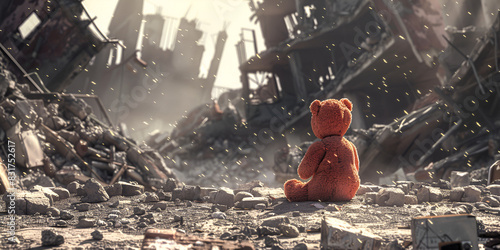 Children's Teddy bear toy sits in the city garbage. Heartbreaking Concept sad teddy bear in ruins of house destroyed.  photo