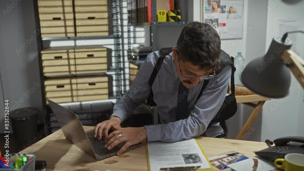 A focused man in glasses works intently on a laptop in a cluttered detective office with paperwork and evidence. A focused man in glasses works intently on a laptop in a cluttered detective office with paperwork and evidence.