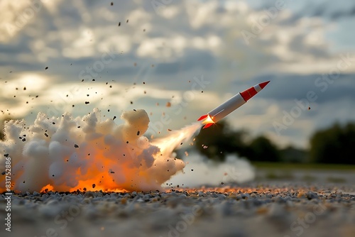 A model rocket launching from its pad, leaving a trail of fire and smoke as it blasts skyward. photo