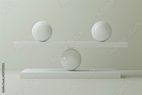 The concept of balance depicted in minimalist art: a seesaw with two equally weighted spheres at each end, showcasing the importance of equilibrium in decision-making.