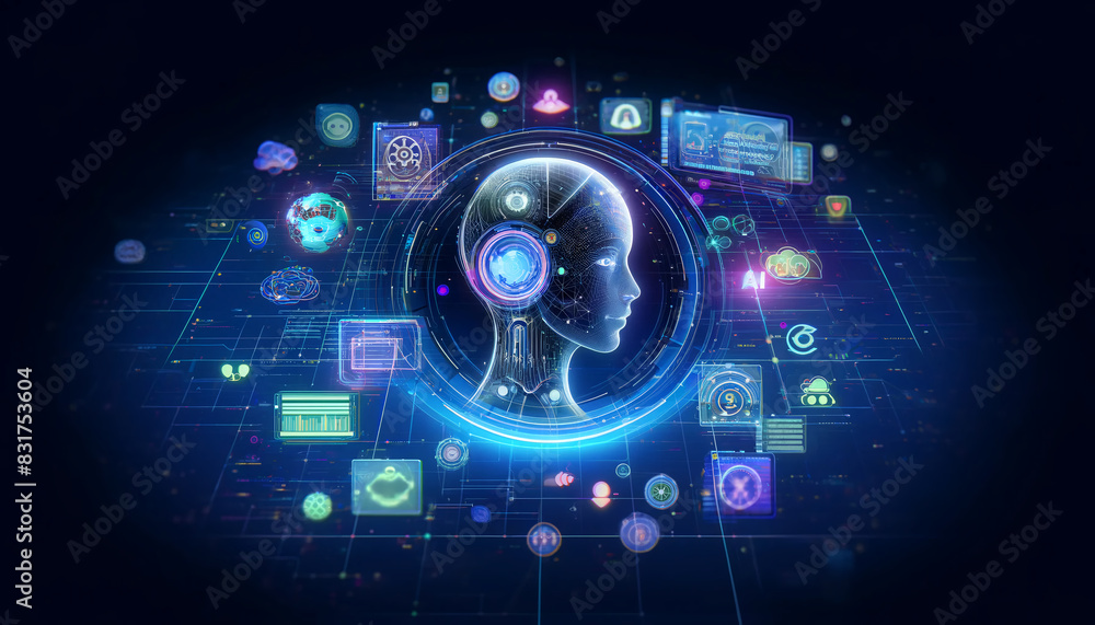 Obraz premium AI Operating Futuristic Interface with Holographic Screens and Icons