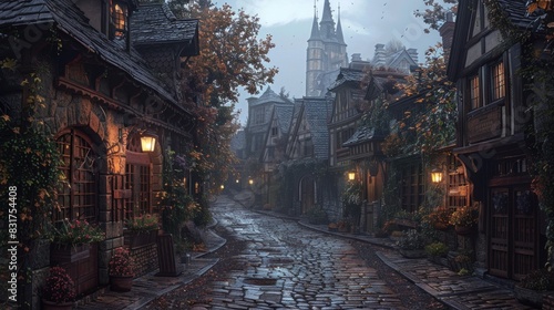 A charming cobblestone street winding through an ancient European town, its historic buildings bathed in the warm glow of street lamps. © 2D_Jungle