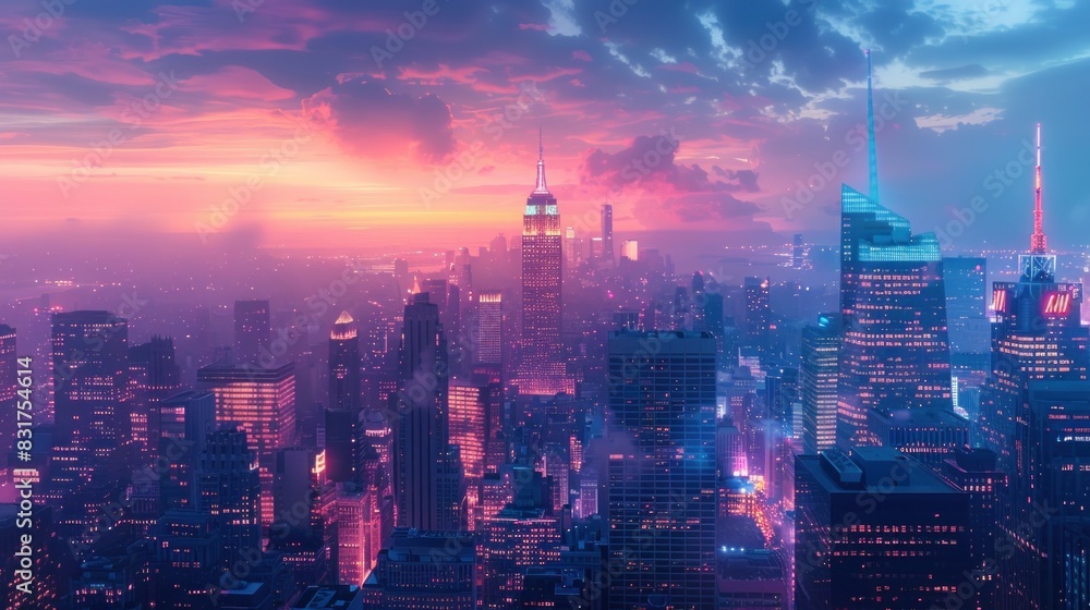 Fototapeta premium A dynamic cityscape at twilight, with skyscrapers illuminated against the dusky sky, capturing the energy and vibrancy of urban life in striking detail.