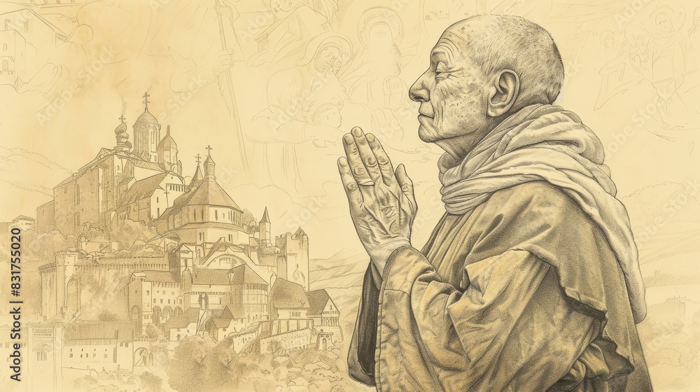 Fototapeta premium Prayer of St. Giles in 7th-Century French Monastery, Biblical Illustration, Beige Background, Copyspace