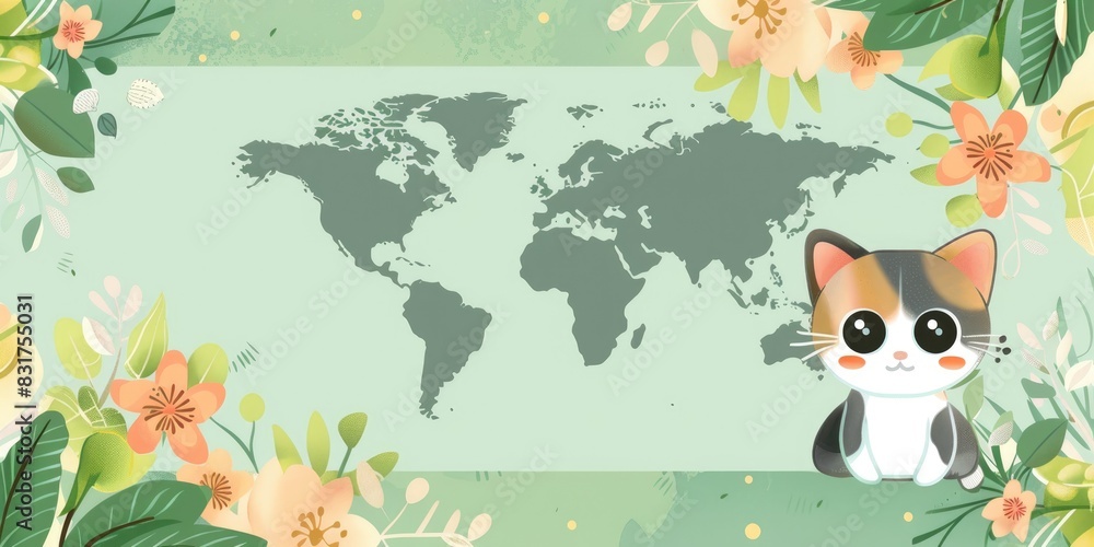 International Cat Cay background, with cat and map globe cartoon style International Cat Cay background, with cat and map globe cartoon style