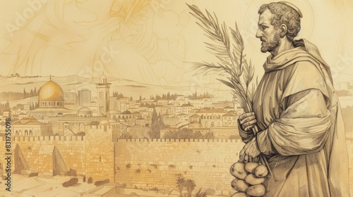 Holding Palm Branch and Stones of St. Stephen in Ancient Jerusalem, Biblical Illustration, Beige Background, Copyspace